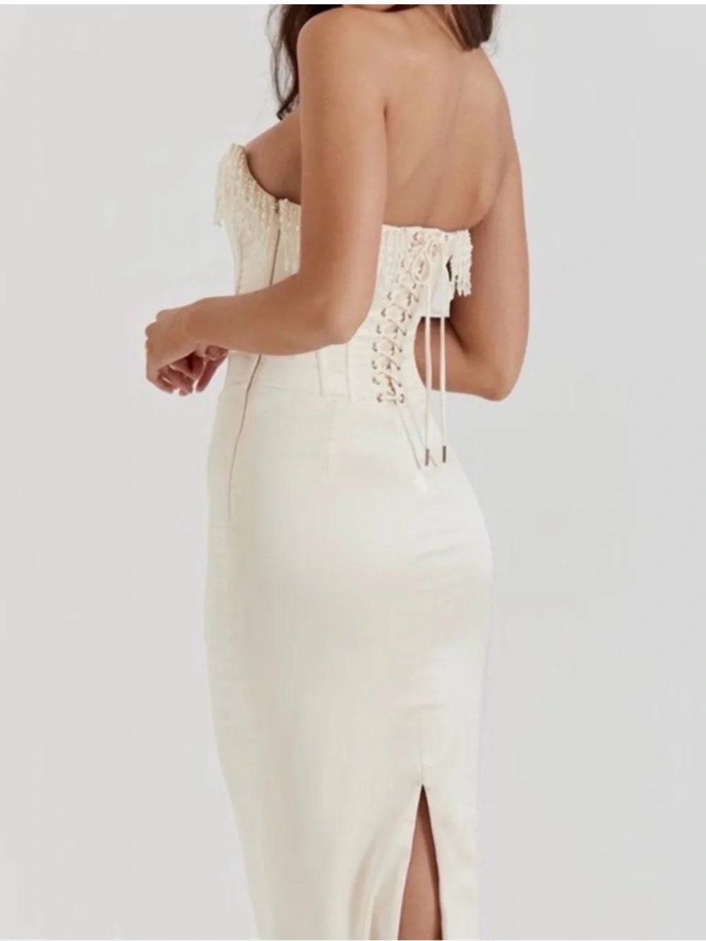 House of CB Ivory Strapless Pearl-Trim Midi Dress - Picture 2 of 7